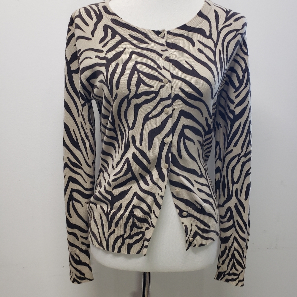 Y2K Old Navy Cardigan Sweater Button Front Zebra Print Size L Safari Layering